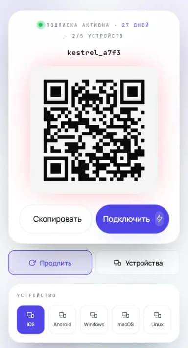 Страница подписки клиента Kestrel на телефоне: QR-код и кнопка «Подключить»