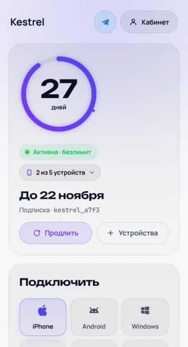 Страница подписки клиента Kestrel на телефоне: QR-код и кнопка «Подключить»