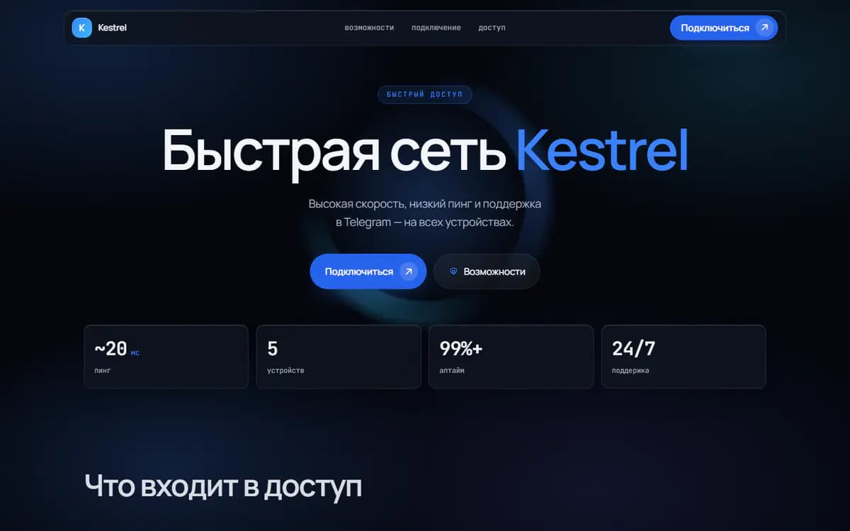 Первый экран сайта Kestrel в стиле «Неон-кибер»